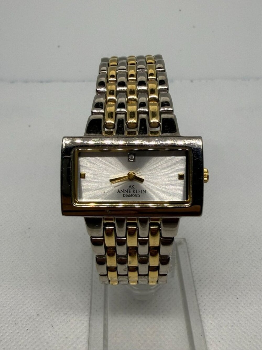 Anne Klein Diamond Ladies Two-Tone Rectangular Bracelet Watch Silver Dial 1072S3